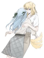 2girls animal_ears bang_dream! bang_dream!_it&#039;s_mygo!!!!! blonde_hair blue_hair blush brown_skirt chinese_commentary commentary_request dog_ears dog_girl dog_tail green_ribbon grey_skirt hair_ribbon highres long_hair long_sleeves medium_hair misumi_uika multiple_girls parted_lips plaid_clothes plaid_skirt purple_eyes ribbon shirt short_sleeves simple_background skirt tail tail_wagging tao_hua21781 togawa_sakiko two_side_up white_background white_shirt yuri