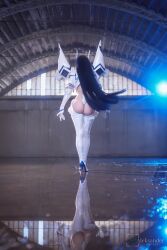 Rule 34 | 1girl, ass, black hair, boots, cosplay, cosplay photo, from behind, highres, indoors, junketsu, kamisamalisa, kamui (kill la kill), kill la kill, kiryuuin satsuki, kiryuuin satsuki (cosplay), long hair, photo (medium), reflection, reflective water, revealing clothes, solo, thigh boots