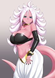 1girl android_21 black_nails black_tube_top bracelet breasts choker cleavage colored_skin dragon_ball dragon_ball_fighterz earrings female_majin harem_pants hi_rontea hoop_earrings jewelry large_breasts light_persona majin_android_21 nail_polish pants pink_skin pointy_ears smile solo strapless tail tube_top white_hair white_pants yellow_choker