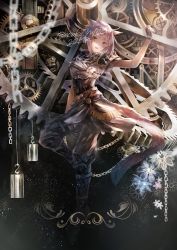 1girl animal_ears arm_up armor warrior_of_light_(ff14) boot_straps boots brown_eyes cat_ears cat_tail chain chest_armor dated facial_mark final_fantasy final_fantasy_xiv fingerless_gloves gears gloves miqo&#039;te misaki_yuu_(misaki_1192) original pants parted_lips purple_hair short_hair shoulder_armor skirt solo tail twitter_username weights