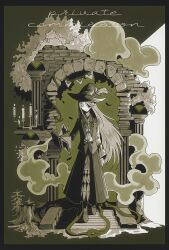 Rule 34 | 1girl, absurdres, black boots, black hat, black jacket, black skirt, book, boots, candelabra, candle, candlestand, character request, closed eyes, closed mouth, commentary request, commission, copyright request, english text, full body, green theme, grey hair, hair over one eye, hat, highres, jacket, lifop, long hair, long sleeves, shirt, skirt, white shirt