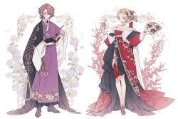 1boy 1girl bare_shoulders black_shoes blonde_hair bow breasts brown_hair calligraphy_brush cleavage commentary commission cup dress floral_background floral_print floral_print_paper_fan flower frilled_dress frills full_body gem glasses gold_embroidery hair_bow hair_flower hair_ornament hakama hand_fan holding holding_calligraphy_brush holding_fan holding_paintbrush japanese_clothes kimono lemon89h looking_at_viewer medium_breasts neck_tattoo original paintbrush paper_fan parted_bangs purple_flower red_bow red_eyes red_gemstone red_shoes rococo_movement round_eyewear shoes short_hair standing tassel tattoo wide_sleeves