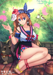 1girl anniversary bare_shoulders blue_eyes breasts brown_hair chinese_text collarbone commentary_request earrings english_text flower flower_earrings full_body hair_flower hair_ornament hibiscus highres jewelry large_breasts long_hair looking_at_viewer original peony_(flower) plum_blossoms smile solo suikakitsu_shiro taiwan traditional_chinese_text xia_you_qing