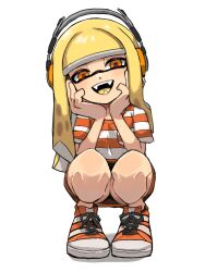 1girl absurdres blonde_hair commentary_request cross-laced_footwear hands_on_own_face headphones highres ikachan_pochan inkling inkling_girl inkling_player_character long_hair looking_at_viewer multicolored_shoes nintendo open_mouth orange_eyes orange_shirt orange_shoes shirt shoes simple_background smile solo splatoon_(series) squatting striped_clothes striped_footwear striped_shirt teeth tentacle_hair two-tone_shirt two-tone_shoes white_background white_shirt white_shoes