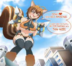 Rule 34 | 1girl, animal ears, bare shoulders, blazblue, blue sky, blush, breasts, brown hair, building, english text, fingerless gloves, giant, giantess, gloves, jenny the huge, large breasts, makoto nanaya, microskirt, short hair, skirt, sky, sleeveless, squirrel ears, squirrel tail, tail, teeth, thighhighs, tonfa, underboob, upper teeth only, weapon, wide hips