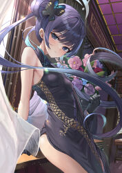 1girl black_dress black_eyes black_gloves black_hair blue_archive breasts butterfly_hair_ornament china_dress chinese_clothes double_bun dragon_print dress gloves grey_halo hair_bun hair_ornament halo highres indoors kisaki_(blue_archive) long_hair looking_at_viewer parted_lips sleeveless sleeveless_dress small_breasts suidou_chaahan twintails