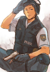 Rule 34 | 1boy, aomine daiki, black-framed eyewear, blue eyes, blue gloves, blue hair, blue helmet, blue pants, blue shirt, blue vest, crest, dark-skinned male, dark skin, expressionless, feet out of frame, gloves, goggles, goggles on headwear, grey background, hand on headwear, helmet, knee pads, knee up, kuroko no basuke, lips, looking at viewer, male focus, pants, parted lips, pocket, police, police uniform, policeman, shirt, short hair, short sleeves, sitting, sleepy69, solo, teeth, two-tone background, vest, white background