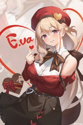 black_survival blonde_hair bow bowtie brown_bow brown_bowtie candy character_request chocolate chocolate_heart collarbone eternal_return:_black_survival finger_heart food gift heart heart-shaped_food heart_ornament highres holding holding_gift long_hair looking_at_viewer milyu purple_eyes smile