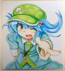 1girl blue_eyes blue_hair female_focus hair_bobbles hair_ornament hand_on_own_hip hat kawashiro_nitori key matching_hair/eyes one_eye_closed open_mouth photo_(medium) pointing pointing_at_viewer ryuu_(multitask) shikishi short_hair smile solo touhou traditional_media twintails two_side_up