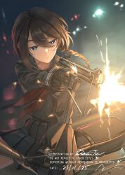 1girl black_serafuku black_shirt blue_eyes braid brown_hair dreadtie firing highres long_hair looking_to_the_side neckerchief original pleated_skirt red_neckerchief sailor sailor_collar school_uniform serafuku shirt skirt solo