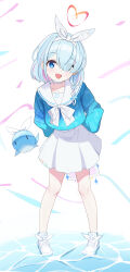 1girl absurdres arms_behind_back arona_(blue_archive) blue_archive blue_eyes blue_hair blue_shirt bow bowtie braid choker commentary full_body garados_(limmjiiiminnn99) hair_over_one_eye hairband highres legs long_sleeves looking_at_viewer medium_hair multicolored_hair open_mouth pink_hair sailor_collar shirt side_braid skirt smile solo two-tone_hair water whale white_background white_bow white_bowtie white_choker white_hairband white_sailor_collar white_skirt