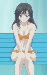 Rule 34 | 00s, blue eyes, blush, breasts, cleavage, legs together, highres, iseshima aya, sitting, stitched, third-party edit, zettai shougeki
