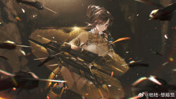 Rule 34 | 1girl, bare shoulders, blue eyes, blurry, blurry background, breasts, bridget: ardeo (pgr), bridget (pgr), brown hair, cleavage cutout, clothing cutout, collared leotard, cowboy shot, dark background, eyewear on head, hair bun, highres, holding, holding shield, large breasts, leotard, looking at viewer, mechanical arms, mechanical legs, necktie, official art, orange necktie, punishing: gray raven, shield, short hair, solo, sunglasses, v-shaped eyebrows, watermark, weibo watermark, white leotard, xtears kitsune