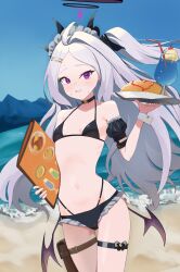 1girl ahoge bikini black_bikini blue_archive book breasts demon_girl demon_horns demon_wings food highres hina_(blue_archive) holding holding_book horns ice loli long_hair looking_at_viewer maid_headdress mountain navel ocean omelet omurice outdoors purple_eyes small_breasts soda solo swimsuit user_dtky5772 white_hair wings