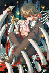 1boy black_jacket black_pants brown_hair brown_shoes camellia cardcaptor_sakura flower highres jacket lalatia-meai li_syaoran li_xiaolang loafers male_focus necktie pants red_flower ribs shirt shoes short_hair sitting skeleton solo stuffed_animal stuffed_toy sword teddy_bear weapon white_flower white_necktie white_shirt