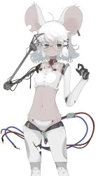 Rule 34 | 1girl, ahoge, android, animal ears, asymmetrical arms, breasts, cable, cable tail, colored eyelashes, commission, damaged, ear tag, glasses, highres, joints, looking at viewer, mechanical tail, mouse ears, nanatsuki sousuke, navel, original, red eyes, robot joints, round eyewear, short hair, skeb commission, small breasts, solo, tail, white background, white hair