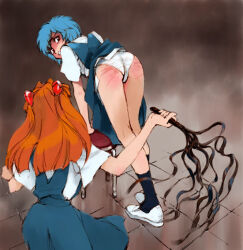 archived_source arm_support ass ayanami_rei bdsm bent_over black_socks blue_hair blush cat_o&#039;_nine_tails chair clothes_lift cuts femdom from_behind furrowed_brow holding holding_whip injury interface_headset_(evangelion) long_hair looking_back messy_hair neon_genesis_evangelion orange_hair pain panties school_uniform shibata_masahiro shoes short_hair simple_background skirt skirt_lift socks souryuu_asuka_langley swept_bangs underwear whip white_panties white_shoes yuri