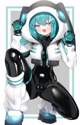 1girl :d absurdres ahoge aqua_bodysuit aqua_eyes aqua_hair black_bodysuit bodysuit bodysuit_under_clothes boots breasts claw_pose covered_pussy cropped_jacket hair_ornament highres hood hood_up hooded_jacket jacket latex latex_bodysuit looking_at_viewer maguro27 medium_breasts open_mouth original rabbit_hair_ornament shiny_clothes short_hair skin_tight smile solo squatting thigh_strap two-tone_bodysuit variant_set
