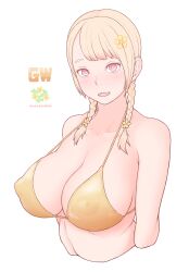 1girl a_kun bikini blonde_hair braid breasts covered_erect_nipples fang flower gold_bikini golden_week hair_flower hair_ornament highres large_breasts looking_at_viewer nipples original pink_eyes skin_fang solo swimsuit twin_braids