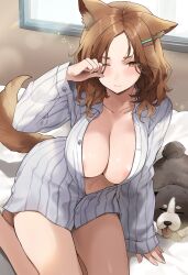 1girl animal animal_ears areola_slip breasts brown_hair cleavage commentary dog dog_ears dog_girl dog_tail gijang hair_ornament hairclip highres large_breasts looking_at_viewer one_eye_closed original sitting symbol-only_commentary tail thighs