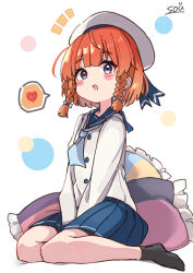 1girl :d beret between_legs black_shorts black_socks blue_sailor_collar blue_skirt blush_stickers braid brown_hair commentary_request etorofu_(kancolle) frilled_pillow frills full_body hand_between_legs hat heart kantai_collection long_sleeves no_shoes notice_lines open_mouth orange_hair pillow pleated_skirt puffy_long_sleeves puffy_sleeves purple_eyes sailor_collar shadow shirt shorts shorts_under_skirt signature simple_background sitting skirt smile socks solo sou_(soutennkouchi) spoken_heart twin_braids wariza white_background white_hat white_shirt