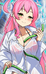 1girl ahoge between_breasts bikini bikini_under_clothes blue_archive blush bow braid breasts cleavage closed_mouth collarbone commentary_request cowboy_shot green_eyes hair_between_eyes hair_bow halo hanako_(blue_archive) hanako_(swimsuit)_(blue_archive) highres holding holding_hose hose hose_between_breasts large_breasts long_hair long_sleeves looking_at_viewer official_alternate_costume oversized_clothes oversized_shirt partially_unbuttoned pink_bikini pink_hair pink_halo see-through_clothes see-through_shirt shirt sidelocks smile solo standing swimsuit wet wet_clothes wet_shirt white_bow white_shirt yasume_yukito