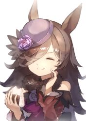 1girl :q bare_shoulders black_collar brown_hair closed_eyes closed_mouth collar commentary_request dress eating flower food food_on_face fur_collar hair_over_one_eye hand_on_own_face harufude hat hat_flower highres holding holding_food horse_girl long_hair long_sleeves one_eye_covered onigiri purple_dress purple_flower purple_hat red_sleeves rice rice_on_face rice_shower_(umamusume) solo split_mouth strapless strapless_dress tilted_headwear tongue tongue_out umamusume upper_body white_background