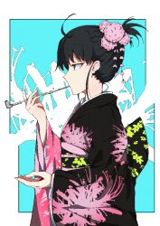 1girl ahoge black_eyes black_hair expressionless floral_background floral_print floral_print_kimono flower grey(user_jswe7875) hair_flower hair_ornament hand_up japanese_clothes kara_no_kyoukai kimono nape print_kimono ryougi_shiki smoking smoking_pipe updo