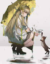 1girl ankle_boots arknights bird black_boots black_choker black_skirt boots cat choker commentary_request from_side full_body green_hair high_heel_boots high_heels highres hime_cut holding holding_umbrella jacket laurels long_sidelocks long_sleeves looking_at_animal muelsyse_(arknights) openvl pointing pointy_ears profile rain siamese_cat sidelocks skirt solo squatting umbrella water white_jacket wide_sleeves yellow_eyes yellow_umbrella