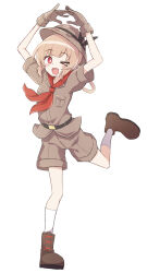 1girl belt black_belt blonde_hair blush boots brown_boots brown_gloves brown_hat brown_shirt brown_shorts fang full_body gloves hat highres looking_at_viewer natori_sana neckerchief one_eye_closed open_mouth red_eyes red_neckerchief sana_channel sanz_zzz shirt short_sleeves shorts simple_background skin_fang socks solo virtual_youtuber white_background white_socks