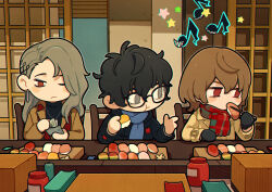 1girl 2boys :t akechi_gorou amamiya_ren ameshino banknote black_eyes black_gloves black_hair black_sweater blue_scarf brown_hair chibi chopsticks closed_mouth coat commentary earrings eating food glasses gloves grey_hair highres holding holding_chopsticks jewelry long_sleeves makeup money multiple_boys musical_note necklace niijima_sae one_eye_closed persona persona_5 plaid_clothes plaid_scarf red_eyes red_scarf restaurant scarf star_(symbol) sushi sweater symbol-only_commentary table turtleneck turtleneck_sweater wallet