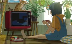 1girl animal animal_ears animated black_hair bob_cut cat cat_ears crt famicom famicom_gamepad game_cartridge game_console hanging_plant indoors on_floor open_mouth original plant playing_games potted_plant reflective_floor sakurada_kayoko socks static television video