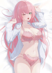 1girl absurdres bed_sheet blush bra breasts collarbone collared_shirt commentary fingernails green_eyes highres large_breasts lingerie long_hair long_sleeves looking_at_viewer lying mole mole_on_breast mole_under_eye nail_polish navel on_back one_eye_closed open_clothes open_mouth open_shirt original panties pige_pig pink_bra pink_hair pink_nails pink_panties shirt solo stomach teeth thighs tongue underwear white_shirt