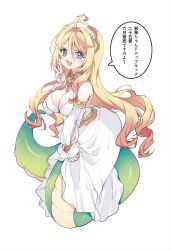 1girl ahoge blonde_hair blue_eyes breasts cleavage commentary_request dress full_body jashin-chan&#039;s_mother jashin-chan_dropkick lamia large_breasts long_hair looking_at_viewer monster_girl open_mouth smile solo translation_request v white_dress yukiwo