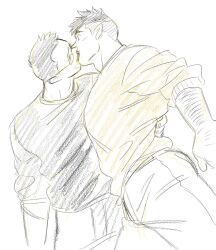Rule 34 | 2boys, bara, billy russell (dickfish), couple, cowboy shot, dickfish (fishismdick), facial hair, from side, glasses, graphite (medium), hand on another&#039;s waist, highres, john rottweil (dickfish), kiss, light blush, limited palette, male focus, mature male, multiple boys, muscular, muscular male, mustache, original, pectorals, profile, pulling, shirt, short hair, sketch, standing, surprise kiss, surprised, thick arm hair, thick eyebrows, thighs, traditional media, yaoi