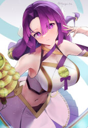 1girl absurdres arm_warmers armpits bare_shoulders bell blunt_bangs braid breasts commentary_request cowboy_shot crop_top duel_monster groin hair_between_eyes hakama hakama_skirt highres holding japanese_clothes jingle_bell kagura_suzu large_breasts long_hair looking_at_viewer low_ponytail midriff navel nontraditional_miko parted_lips ponytail purple_eyes purple_hair purple_skirt sanaki_the_mikanko_devotee shirt single_arm_warmer single_braid skirt sleeveless sleeveless_shirt solo standing tongari_kin twitter_username white_shirt yu-gi-oh!