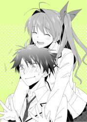 1girl antenna_hair blazer blush bow bowtie brown_jacket chaos;head from_behind hair_bow happy hug hug_from_behind ikuhashi_muiko jacket lapels long_hair long_sleeves loose_necktie necktie nervous_sweating nishijou_takumi nose_blush notched_lapels open_collar open_mouth pink_hair plaid_bow plaid_bowtie plaid_clothes plaid_necktie red_bow ribbon sakihata_rimi school_emblem school_uniform shirt short_hair skirt smile spiked_hair suimei_academy suimei_school_uniform surprised sweat