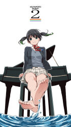 1girl bare_legs barefoot black_eyes black_hair collared_shirt copyright_name crossed_ankles floating_hair fujimaru_(bluebrand) gradient_hair green_hair highres instrument jacket love_live! love_live!_nijigasaki_high_school_idol_club multicolored_hair neck_ribbon nijigasaki_school_uniform open_clothes open_jacket parted_lips piano rainbow red_ribbon ribbon ripples school_uniform shirt sitting smile solo splashing sweater takasaki_yu twintails untucked_shirt water white_shirt