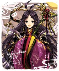 1girl :d border commentary_request copyright_name grey_eyes hagiya_kaoru holding japanese_clothes kaguya_(wonderland_wars) looking_at_viewer open_mouth sleeves_past_fingers sleeves_past_wrists smile solo upper_body white_border wide_sleeves wonderland_wars