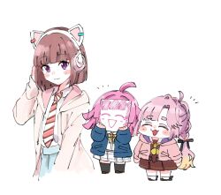 3girls :3 :d ^_^ ahoge animal_ear_headphones animal_ears anyoji_hime black_thighhighs blue_jacket blue_skirt blunt_bangs blunt_ends blunt_sidelocks blush_stickers bob_cut brown_dress brown_hair brown_shoes cat_ear_headphones chibi closed_eyes collared_shirt commentary covering_face diagonal-striped_clothes diagonal-striped_necktie drawing_(object) dress dress_shirt fake_animal_ears hair_intakes hasu_no_sora_school_uniform headphones holding holding_drawing hood hooded_jacket ikizulive!_love_live!_bluebird jacket kishimen_hair link!_like!_love_live! long_hair long_sleeves love_live! love_live!_nijigasaki_high_school_idol_club medium_dress miniskirt moso_(expect66) multi-tied_hair multiple_girls neckerchief necktie nijigasaki_school_uniform notice_lines open_clothes open_jacket open_mouth orange_necktie pink_hair pink_jacket plaid_clothes plaid_skirt pleated_dress pleated_skirt ponytail purple_eyes rina-chan_board sailor_collar sasaki_shion school_uniform shirt shoes short_hair sidelocks skirt smile standing striped_clothes symbol-only_commentary tennoji_rina thighhighs trait_connection virtual_youtuber white_headphones white_jacket white_sailor_collar white_shirt white_skirt winter_uniform yellow_neckerchief