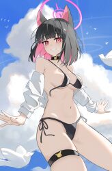 1girl absurdres animal_ears areola_slip bikini bird black_bikini black_choker black_hair blue_archive blue_sky blunt_bangs blunt_ends cat_ears cat_girl choker cloud colored_inner_hair commentary cumulonimbus_cloud english_commentary halo happy05x highres kazusa_(blue_archive) mole mole_on_thigh multicolored_hair navel open_clothes open_shirt pink_hair pink_halo red_eyes shirt side-tie_bikini_bottom sky solo stomach swimsuit teeth thigh_strap thighs white_shirt