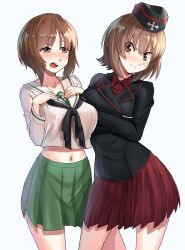 Rule 34 | 2girls, black headwear, black jacket, black neckerchief, blouse, blush, brown eyes, brown hair, collared shirt, cropped shirt, crossed arms, dress shirt, frown, garrison cap, girls und panzer, glaring, green skirt, half-closed eyes, hands on own chest, hat, head tilt, highres, insignia, jacket, kuromorimine military uniform, lapels, long sleeves, looking at another, midriff, military hat, military uniform, miniskirt, multiple girls, navel, neckerchief, nico-mo, nishizumi maho, nishizumi miho, notched lapels, ooarai school uniform, open mouth, pleated skirt, red shirt, red skirt, sailor collar, school uniform, serafuku, shirt, short hair, siblings, side-by-side, sisters, skirt, smile, v-shaped eyebrows, white sailor collar, white shirt