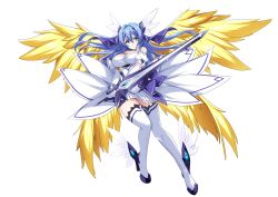 1girl absurdres bare_shoulders blue_eyes blue_hair boots breasts celestia_(kouyoku_senki_exs-tia) cleavage dress elbow_gloves full_body gloves hair_intakes hair_ornament head_wings high_heels highres holding holding_sword holding_weapon katsuragi_marina kouyoku_senki_exs-tia large_breasts long_hair looking_at_viewer multiple_wings solo sword tachi-e thigh_boots thighhighs transparent_background variant_set weapon white_dress white_gloves white_thighhighs wing_hair_ornament wings yellow_wings yuu_sagi zettai_ryouiki