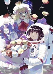 2girls :d black_background blonde_hair blue_eyes blush bouquet bow bowtie brown_eyes brown_hair collar dress earth_(planet) flower flower_request hat helmet highres holding holding_bouquet holding_flower light_blush lunar_surface maribel_hearn medium_hair mob_cap multiple_girls mushiao open_mouth planet purple_dress red_bow red_bowtie smile space space_helmet spacesuit touhou usami_renko white_bow white_collar white_hat