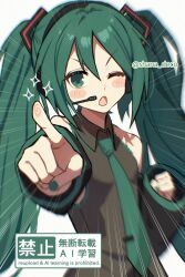 1girl bare_shoulders black_sleeves blush_stickers clenched_hand collared_shirt commentary detached_sleeves emphasis_lines fingerprint green_eyes green_hair green_nails green_necktie grey_shirt hashtag-only_commentary hatsune_miku headset highres long_hair looking_at_viewer nail_polish necktie one_eye_closed open_mouth outstretched_arm pointing pointing_at_viewer shana_deco shirt simple_background sleeveless sleeveless_shirt solo twintails upper_body vocaloid watermark white_background