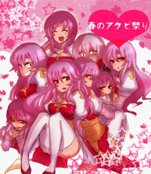 Rule 34 | 1girl, arch bishop (ragnarok online), blush, breasts, cleavage, cleavage cutout, closed mouth, clothing cutout, commentary request, constricted pupils, cross, dress, full body, heart, juliet sleeves, long hair, long sleeves, looking at viewer, medium breasts, multiple views, open mouth, pink background, puffy sleeves, purple hair, ragnarok online, red dress, red eyes, red shoes, sash, shoes, shomu (arujanainon), sitting, smile, thighhighs, two-tone dress, v-shaped eyebrows, white dress, white thighhighs, yellow sash