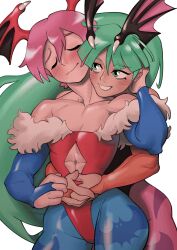 2girls absurdres animal_print bat_print bat_wings blush darkstalkers green_eyes green_hair head_wings highres hug hug_from_behind leotard lilith_(darkstalkers) lineflow long_hair morrigan_aensland multiple_girls pantyhose pink_hair short_hair wings yuri