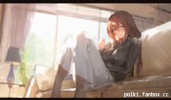 1girl backlighting breasts brown_eyes brown_hair couch covered_erect_nipples dress fanbox_username glasses indoors knees_together_feet_apart lamp large_breasts long_hair looking_at_viewer original paid_reward_available polki smile solo table tareme turtleneck unfinished window