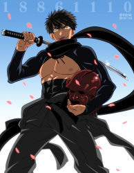 10s 1boy abs black_hair doudanuki_masakuni helmet katana male_focus nipples open_mouth personification petals sarashi scar scarf smile solo sword touken_ranbu wauwa weapon yellow_eyes