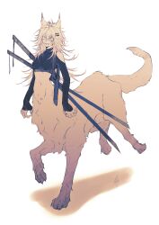 1girl absurdres animal_ears arknights blue_eyes centauroid clothing_cutout commentary_request crop_top full_body highres lappland_(arknights) long_hair long_sleeves looking_at_viewer m10_(lycos_zzz) monster_girl running scar scar_across_eye scar_on_face sharp_teeth shoulder_cutout simple_background solo sword sword_on_back taur teeth very_long_hair weapon weapon_on_back white_background wolf_ears wolf_girl